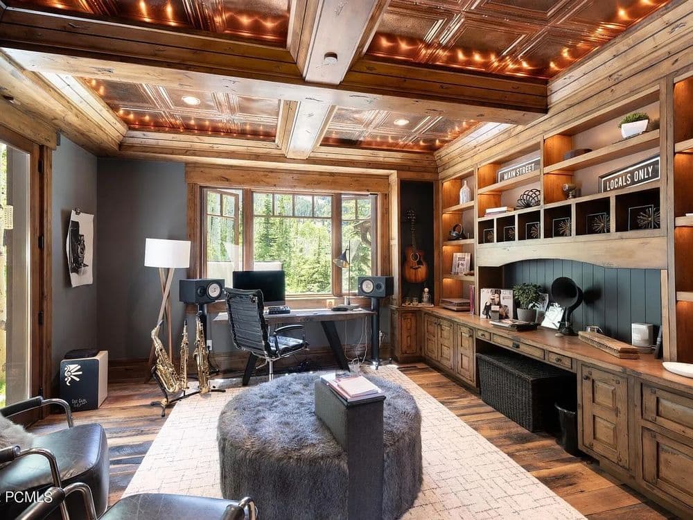 Modern home office with wooden accents, stylish furniture, and natural lighting.