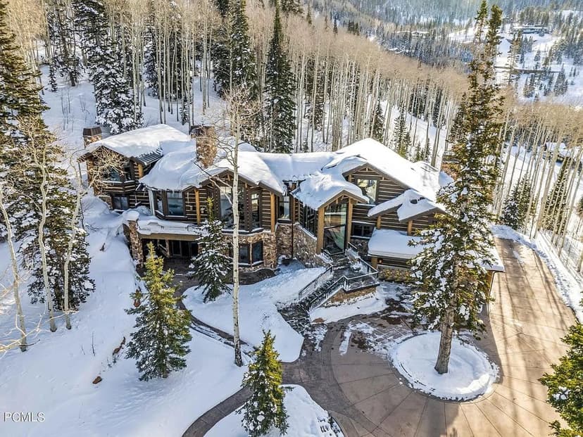 Luxury mountain home surrounded by snow-covered trees and stunning winter landscape.